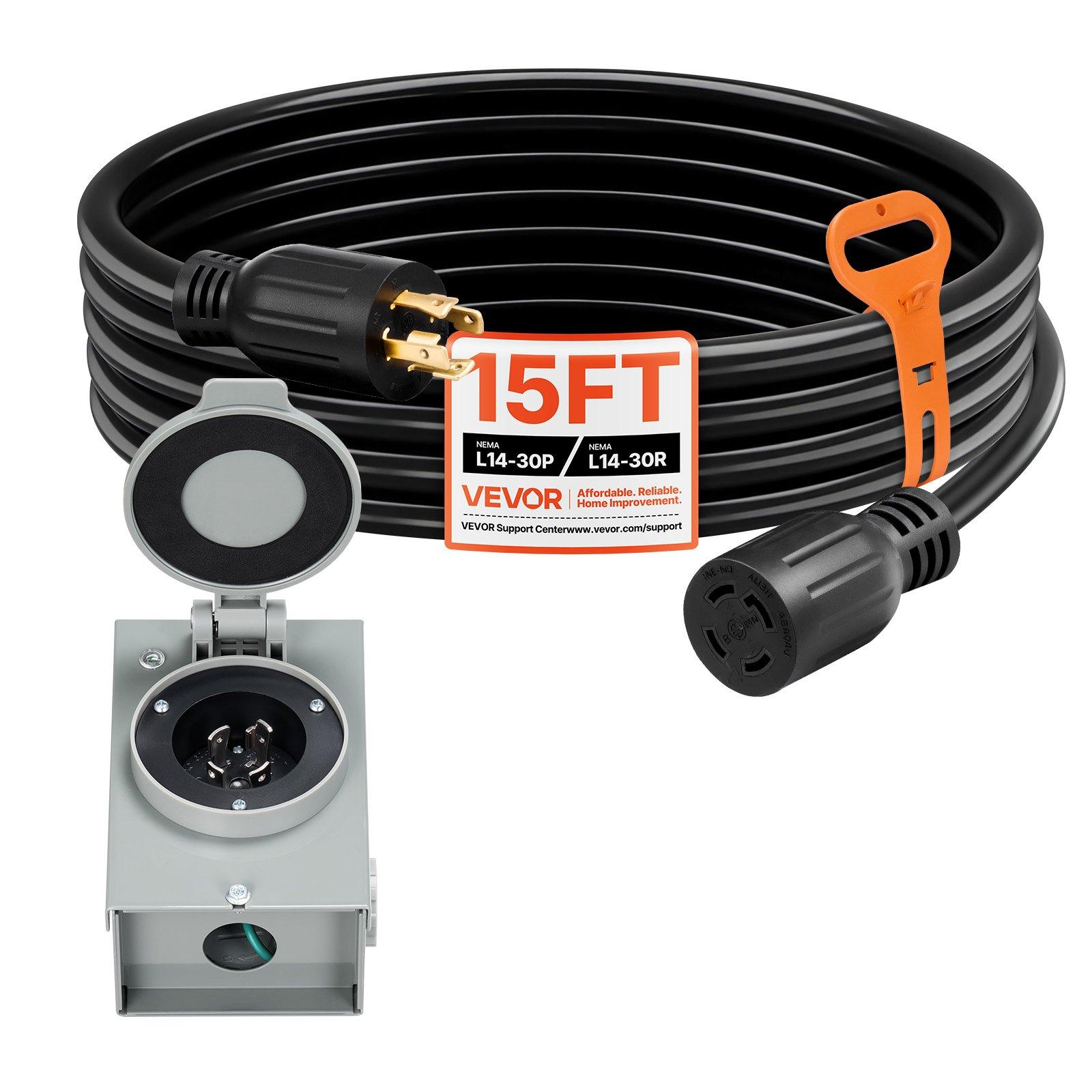 VEVOR 30 Amp Generator Cord and Power Inlet Box, 15 FT, 125/250V NEMA L14-30P to L14-30R Heavy Duty Extension Power Cord, SJTW 10 Gauge 7500W, Pre-Drilled Inlet Box, for Generator to House, ETL Listed VEVOR 30 Amp Generator Cord and Power Inlet Box, 15 FT, 125/250V NEMA L14-30P to L14-30R Heavy Duty Extension Power Cord, SJTW 10 Gauge 7500W, Pre-Drilled Inlet Box, for Generator to House, ETL Listed