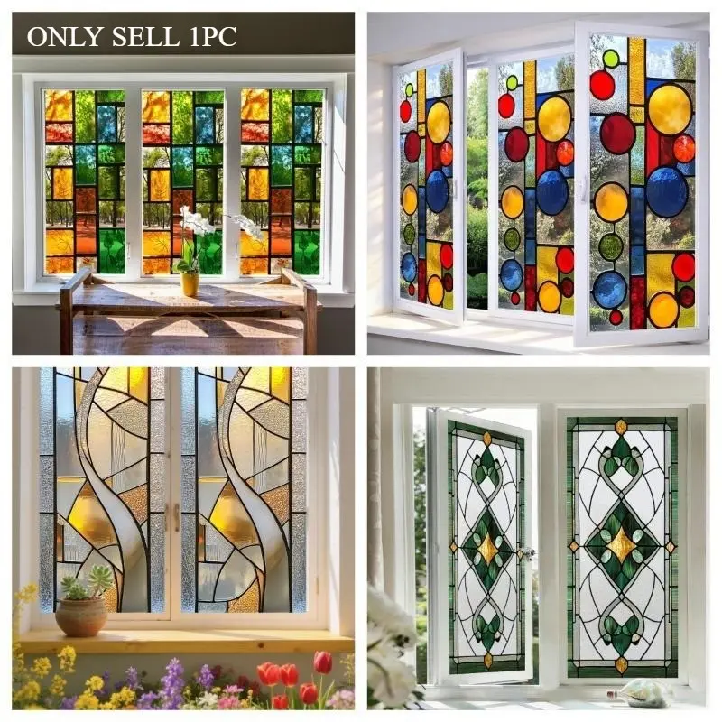 European Vintage Art Stained Glass Window Film, Frosted Static Cling Decorative Window Sticker, Colorful Privacy Glass Decal for Bathroom Bedroom Living Room Home Decor Deco Stickers, Window Decals For Glass Windows, Decoration Sticker