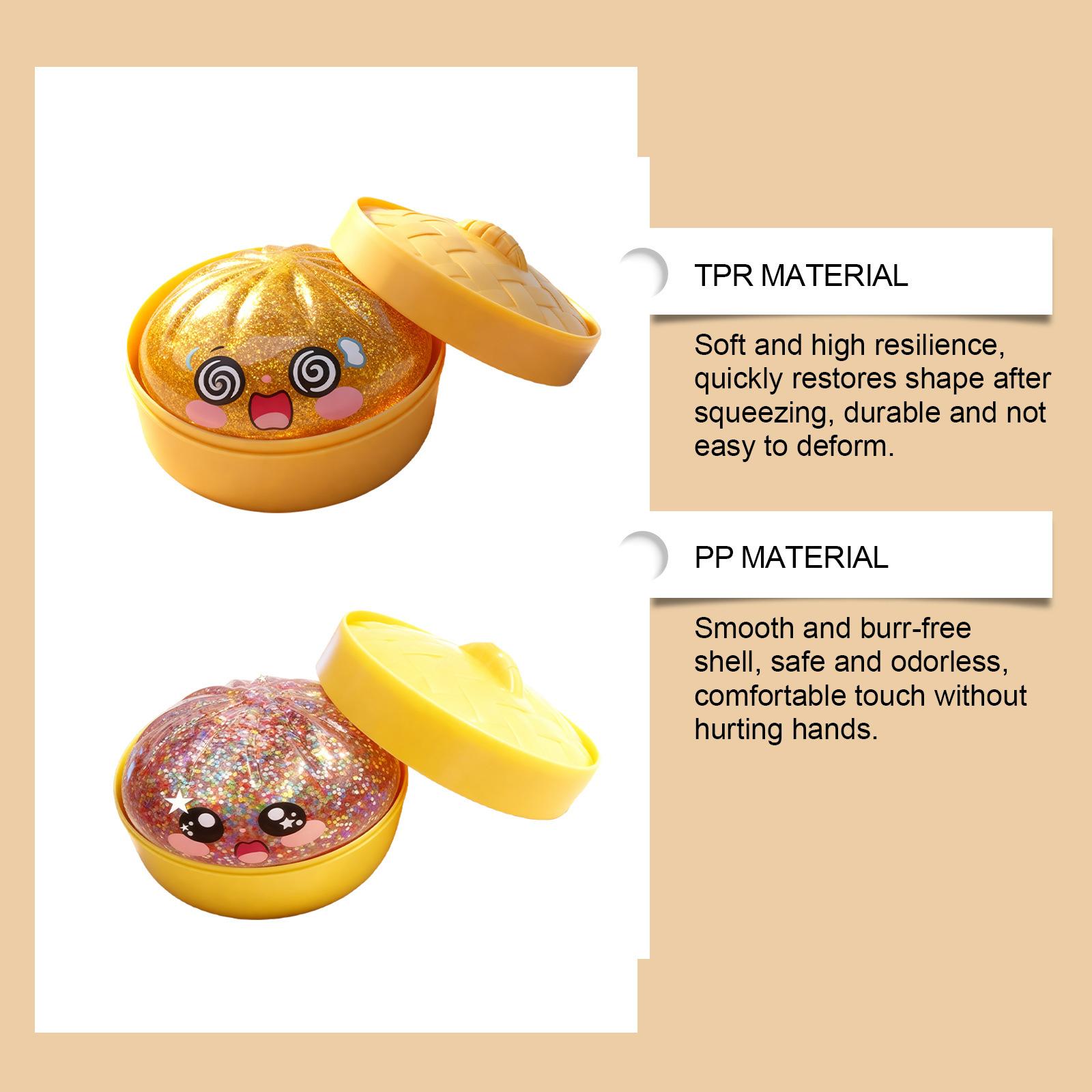 Creative glitter bun squashable toy, shaped like a real bun, filled with dazzling glitter. Soft and bouncy, it won't deform even after repeated squashing, making it an ideal stress-relieving toy and creative gift.