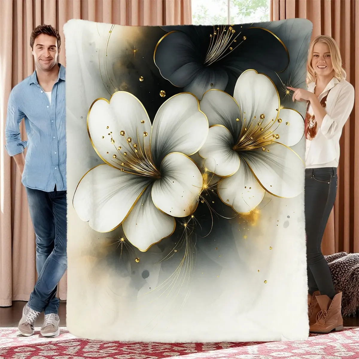 Luxury Flannel Blanket Elegant Black & White Floral Design With Golden Accent Soft Warm AllSeason Bedspread, Plush Cozy Throw For Winter Nights Contemporary Style Holiday Gift For Christma