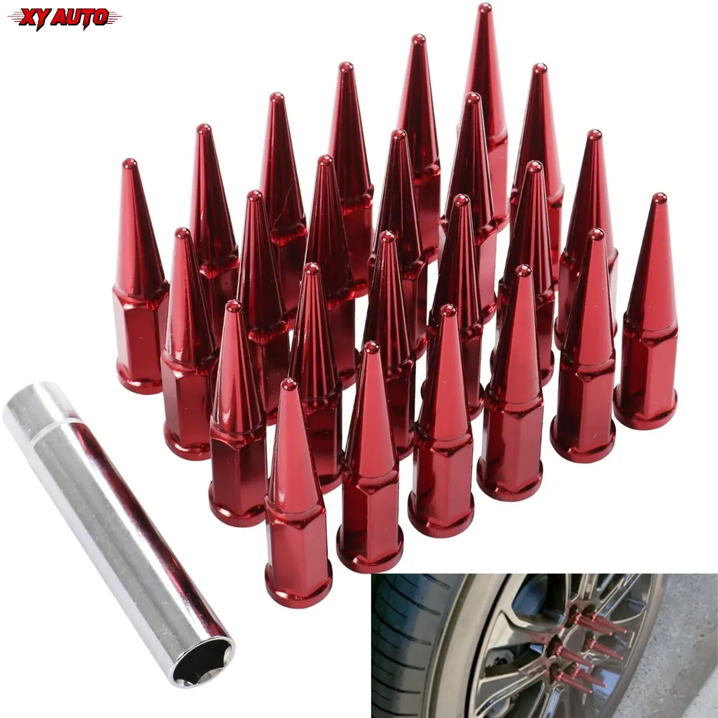 24Pcs Red Spike Style Wheel Lug Nuts, 14x1.5 Thread, 4.5" Tall, 6 Lug Design, Comes with 1 Matching Socket Key, Wheel Rim Hardware Replacement for GMC, Chevy, Ford Vehicles