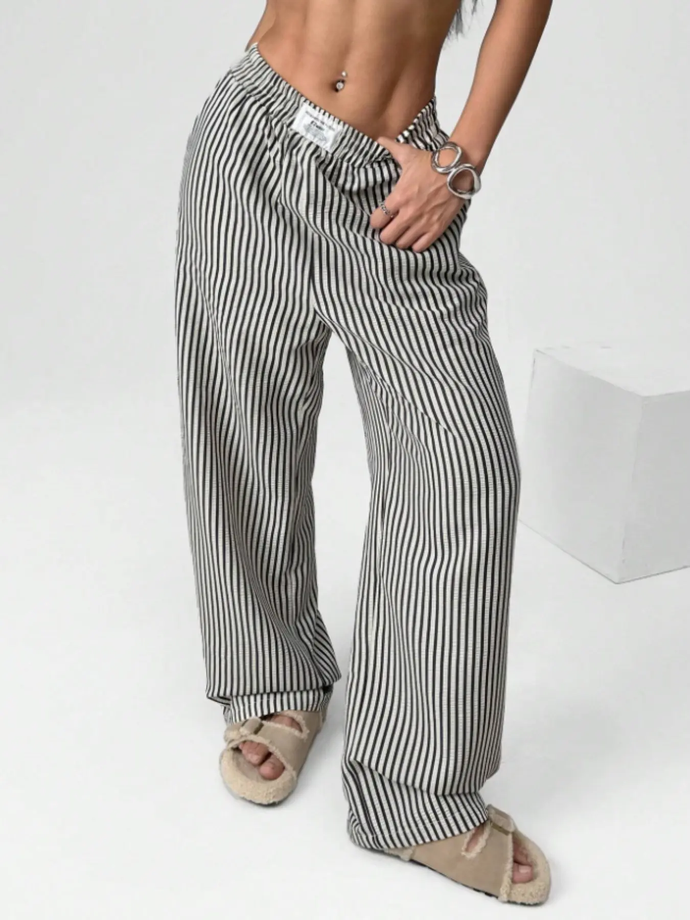 Plaid Fashion New Striped Knit Wide Leg Pants, Casual Slim Fit Versatile Style, Elegant Loose Fitting Clothing