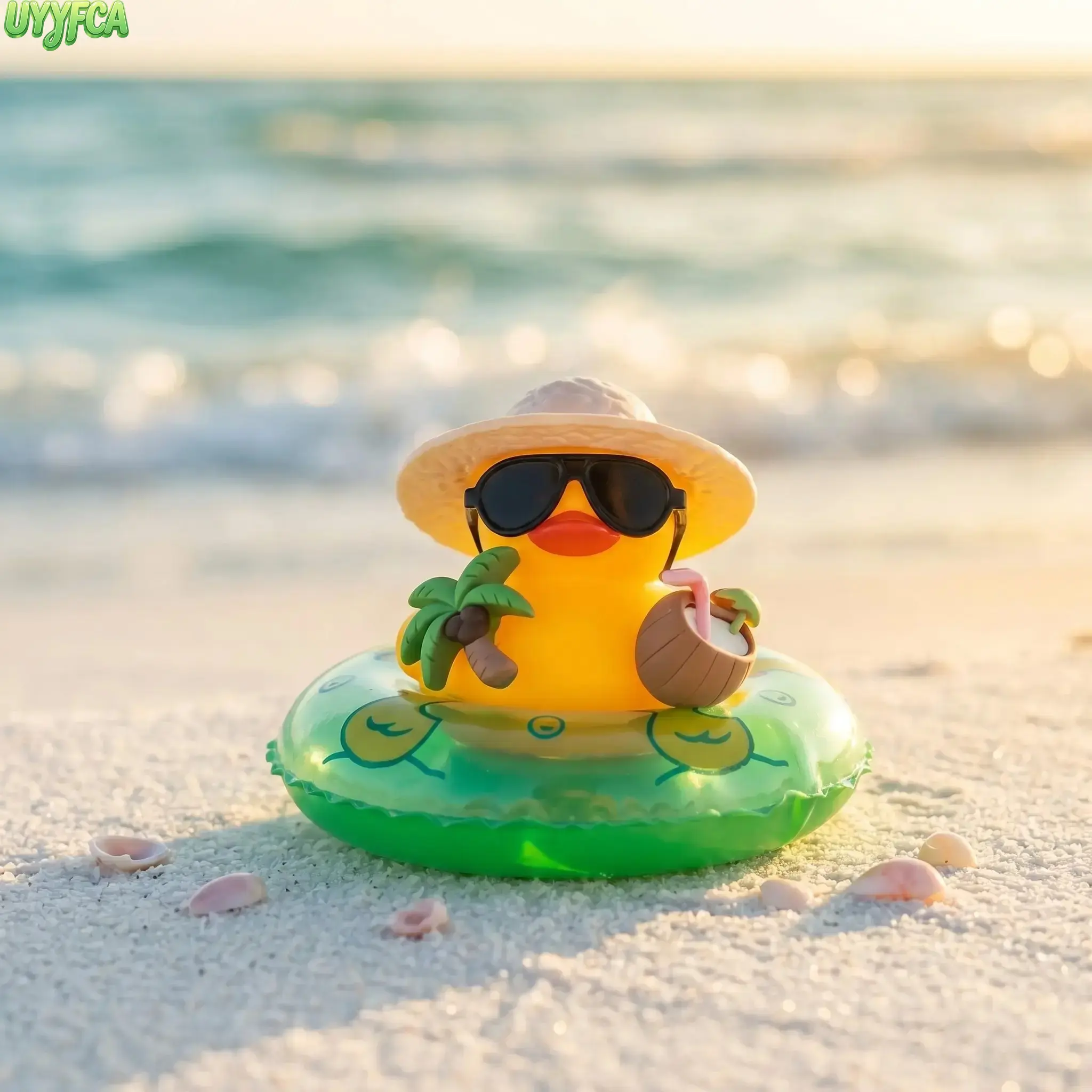 3PCS Tropical Duck Figurine Gift with Coconuts & Buoy, Sunglasses Straw Hat Coconut Duck Figurine with Inflatable Swim Ring, Waterproof Non Slip Cute Auto Decor for Office Desk Beach Party Duck Lovers Birthday Gift Beach vacation 4th of july outfit