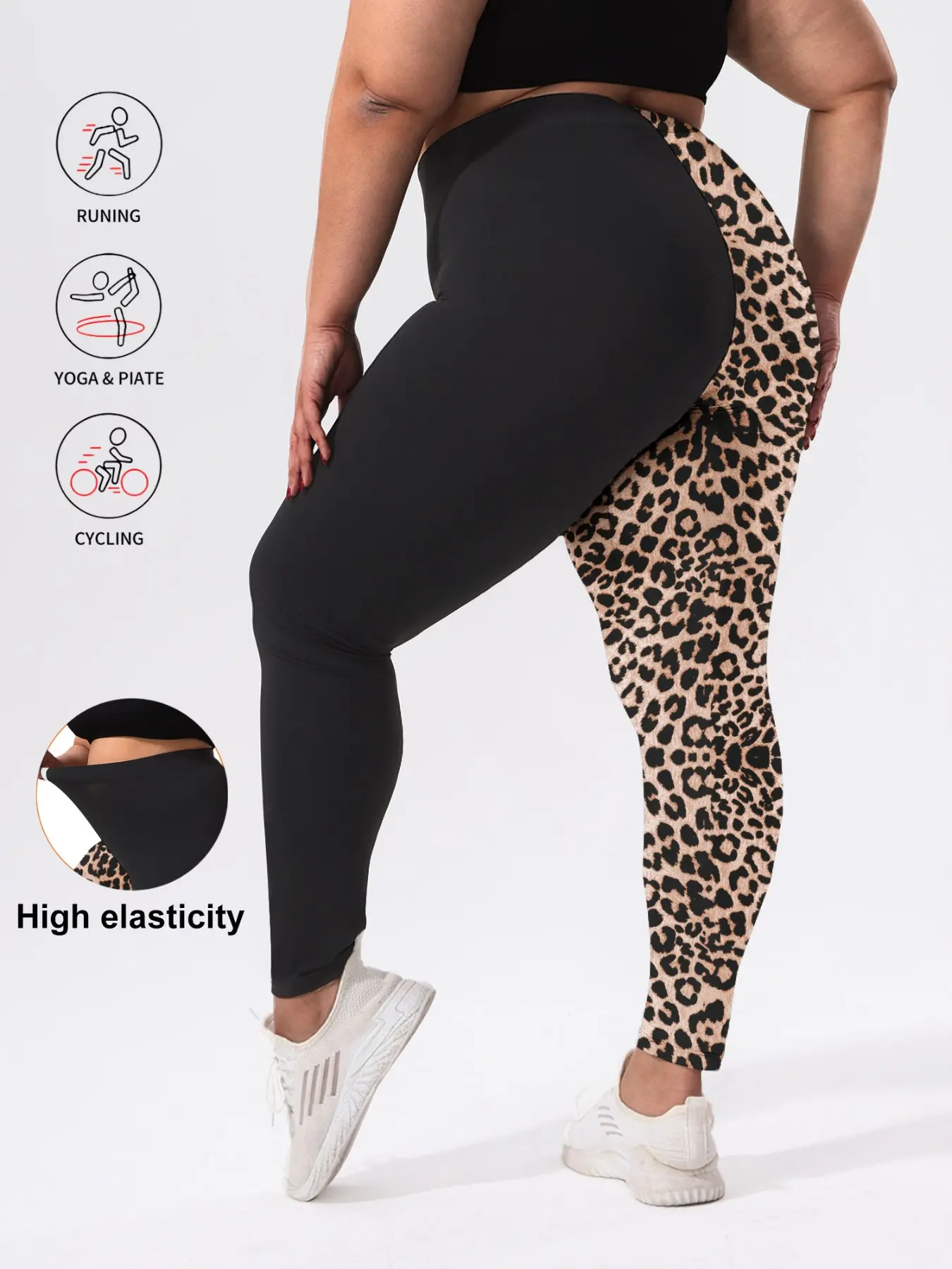 Trendy Plus Size Leopard Print Leggings, High Waisted Legging, High Waist Elastic Nine-Inch Pants, and Leopard Print Design, Four-Way Stretch Workout Yoga Daily Wear, Knitted Sports Pants