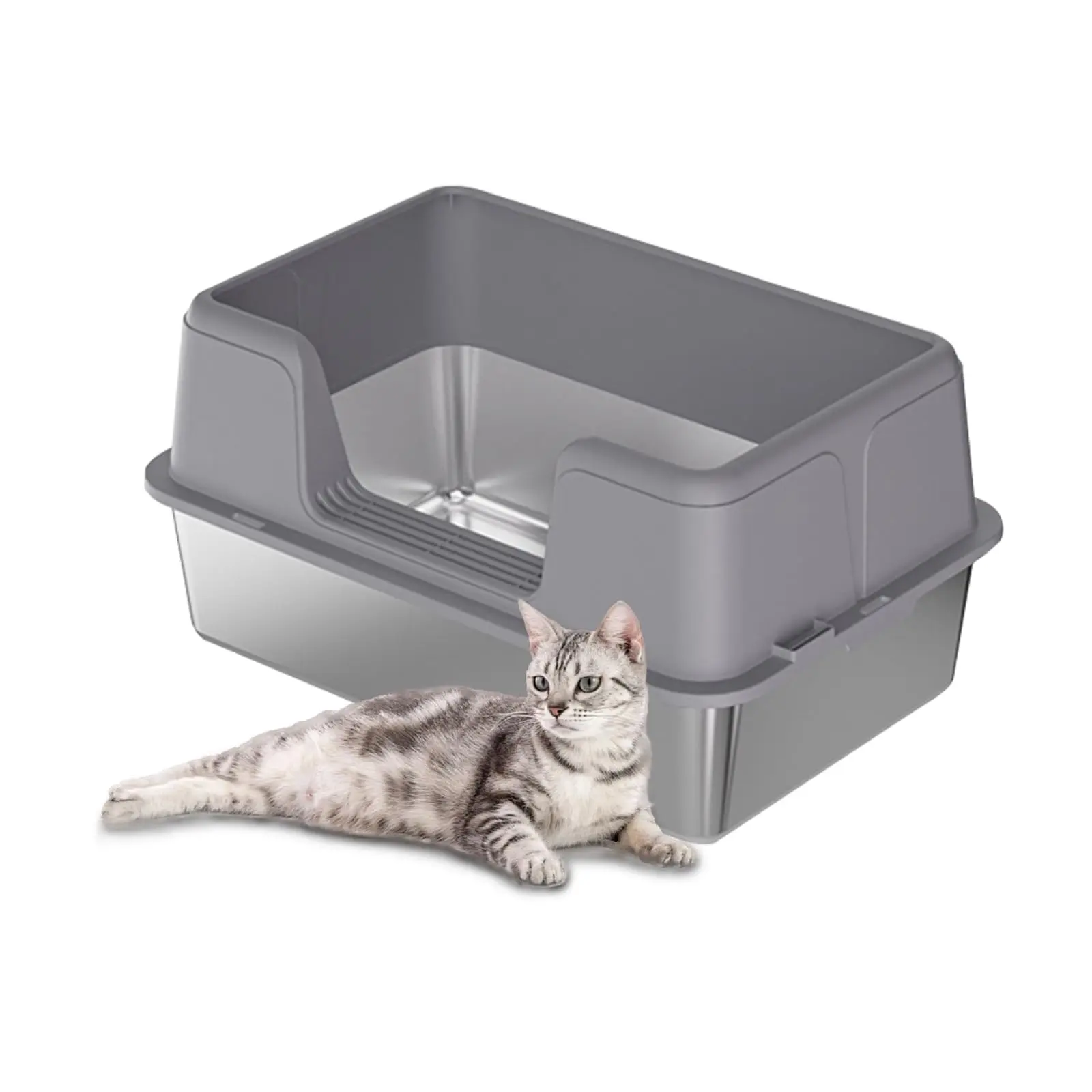 Stainless Steel Cat Litter Box Extra Large – High Sides Semi-Enclosed, Removable Tray, Non-Slip Mat & Odor Resistant for Maine Coons, Large Cats