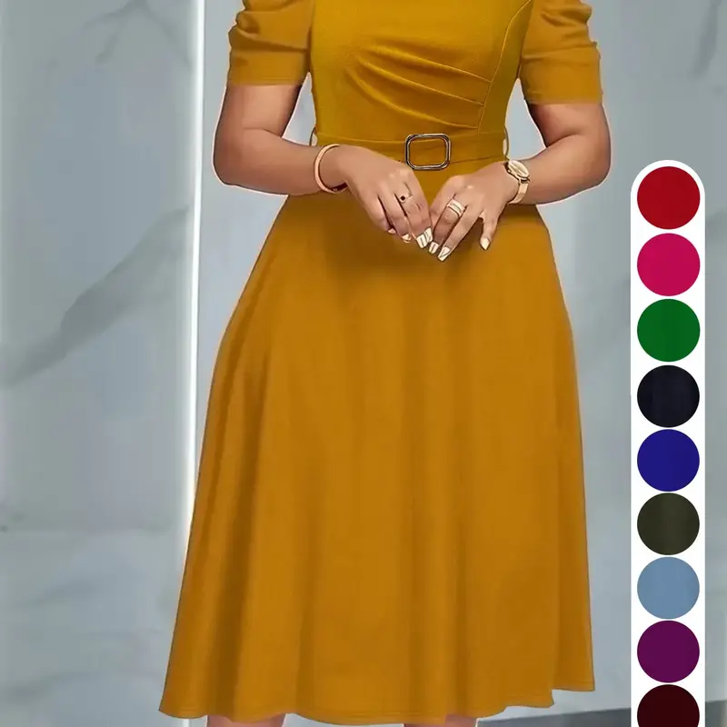 Women's Round Neck Bubble Sleeve Dress, High Waist Slim Fit Midi Dress, Elegant Solid Color, Formal Office Wear, Casual Daily Fashion