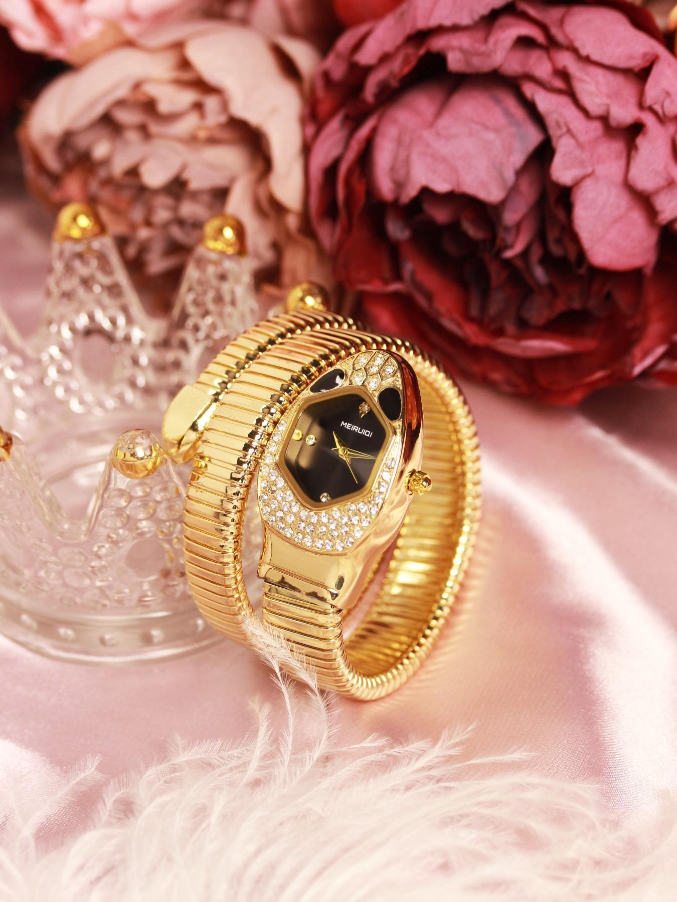 Women's Elegant Snake Design Quartz Watch & Jewelry Set, Including Wristwatch & Bangle Bracelet & Ring & Pendant Necklace, Fashion Watch Set for Gift with Box