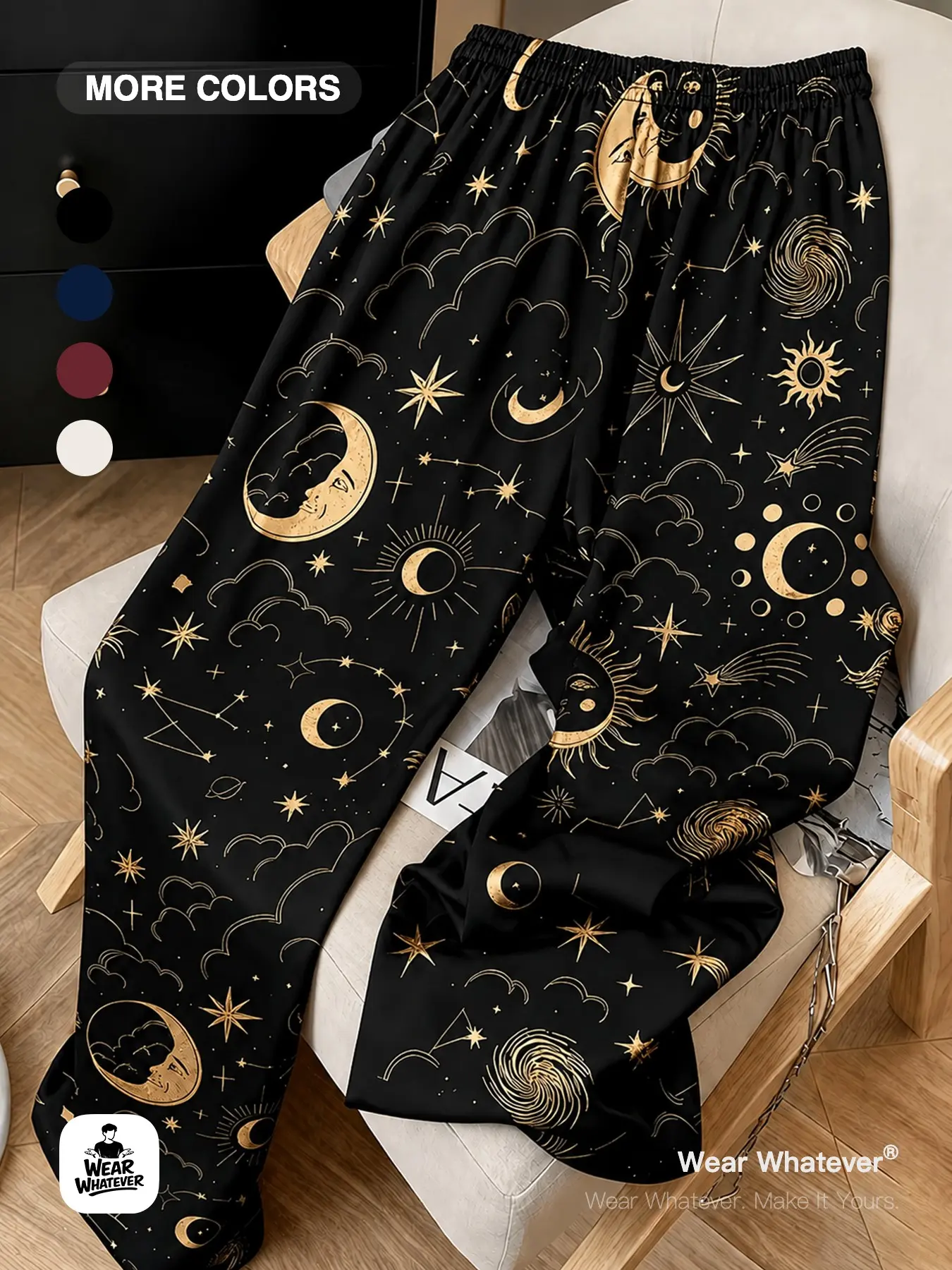 Wear Whatever Unisex Celestial Moon Star Galaxy Wide Leg Lounge Pants, Elastic Waist Loose Fit Pajama Style Pants for Men Women Homewear, Travel, Vacation, Sleepwear and Casual Daily Outfits
