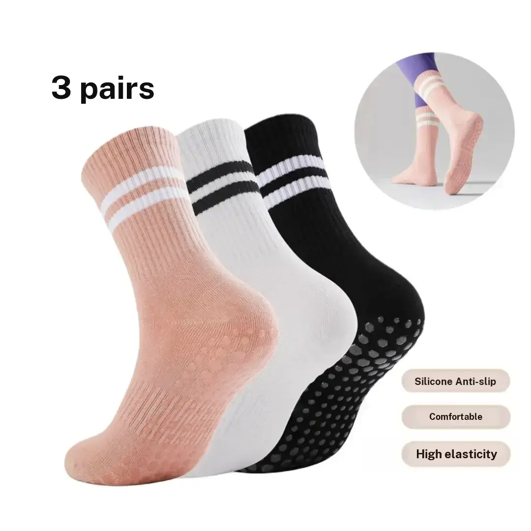 Women's 3 Pack Anti Slip Grip Pilates Socks 93% Cotton, 3.9% Spandex, High Elasticity, 1 Size Fits All, Breathable for Cool Ft, Double Stripes Add Sporty Polish, for Fitness & Everyday Wear (3 Pairs: Black + White + Pink)