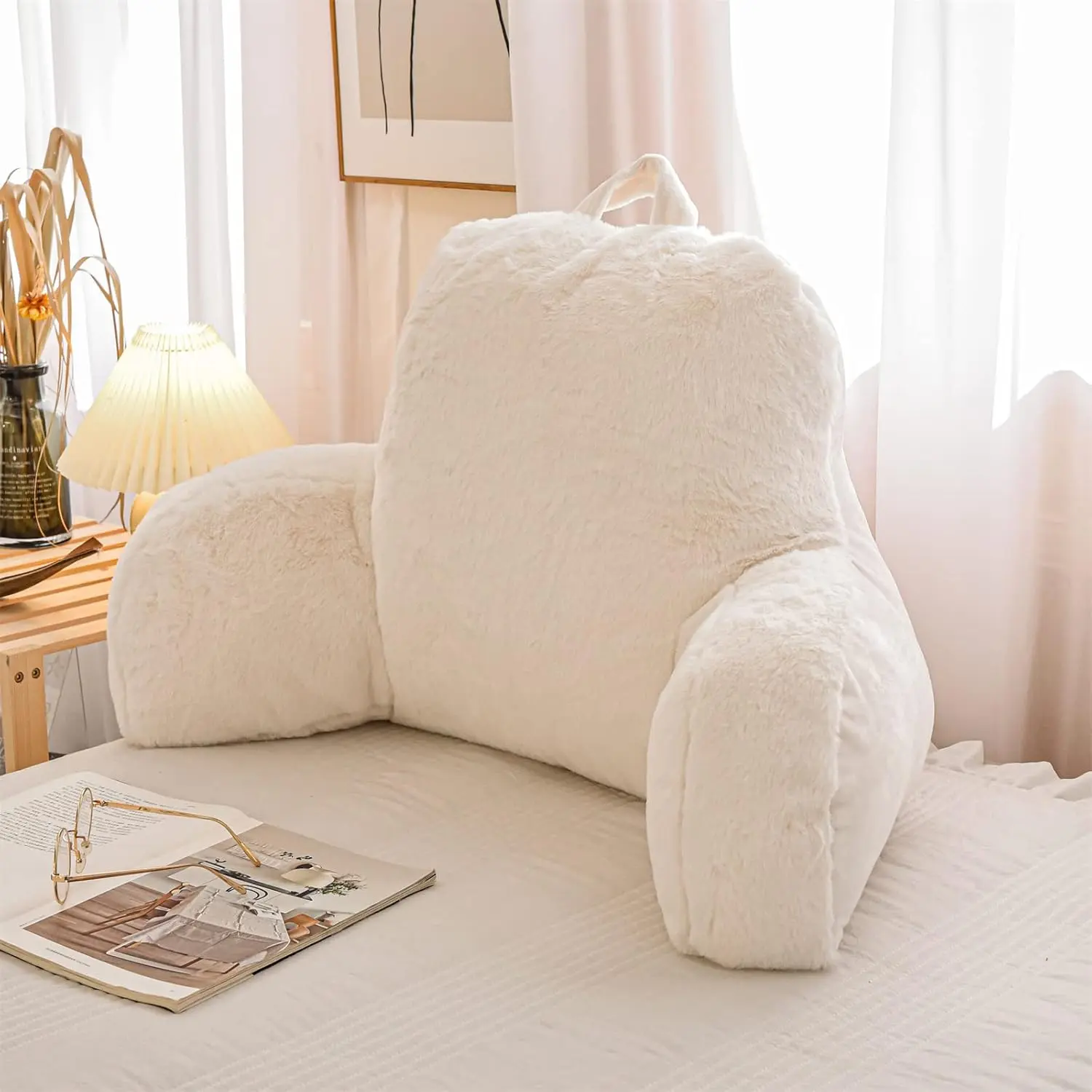 Faux Fur Reading Bed Wedge Pillow, Large Backrest with Arms for Back Support, Suitable for Adults & Kids Sitting Up in Bed or Couch for Bedrest, Ivory