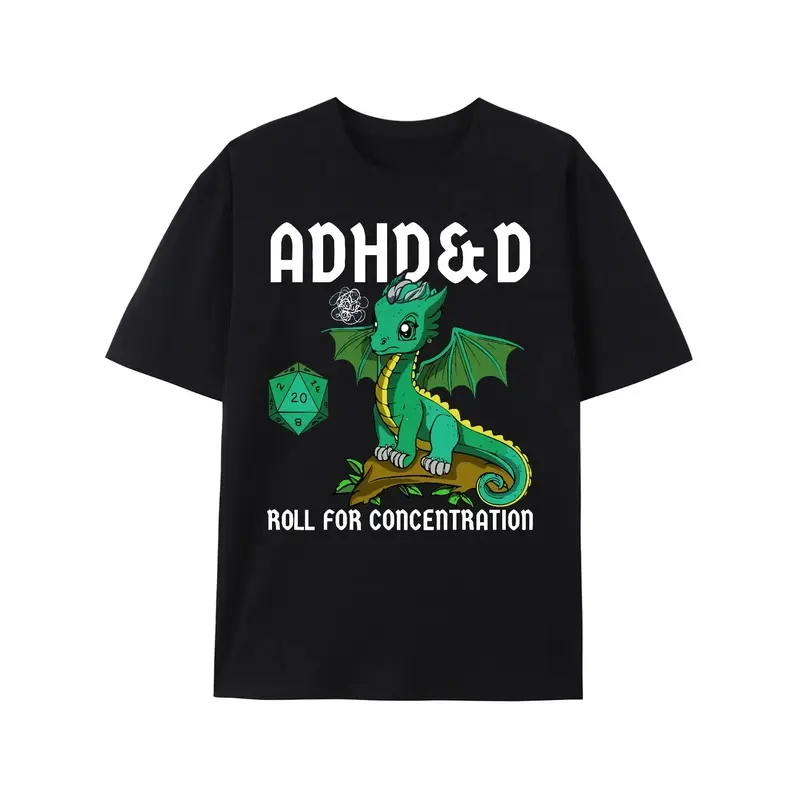 Printed 100% Cotton Unisex Cotton Printed Men's T-Shirt - ADHD&D Roll For Concentration Featuring Cute Dragon