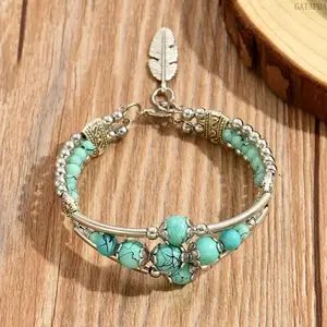 Boho Retro Double Row Turquoise Beaded Bracelet, Antique Geometric Carved Feather Mosaic Jewelry, Versatile Holiday Stackable Accessory For Women
