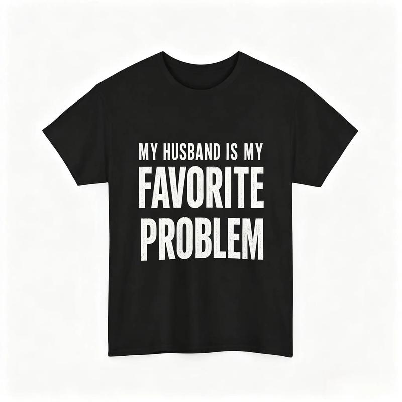 Men's Unisex Cotton Graphic Tee - Round Neck, Short-Sleeve, Funny 'My Wife/Husband Is My Favorite Problem' Slogan Print, Ribbed Lived-In Vibe, Lightweight All-Season Casual Top (Black Tropical, Graphic Tees Cotton)