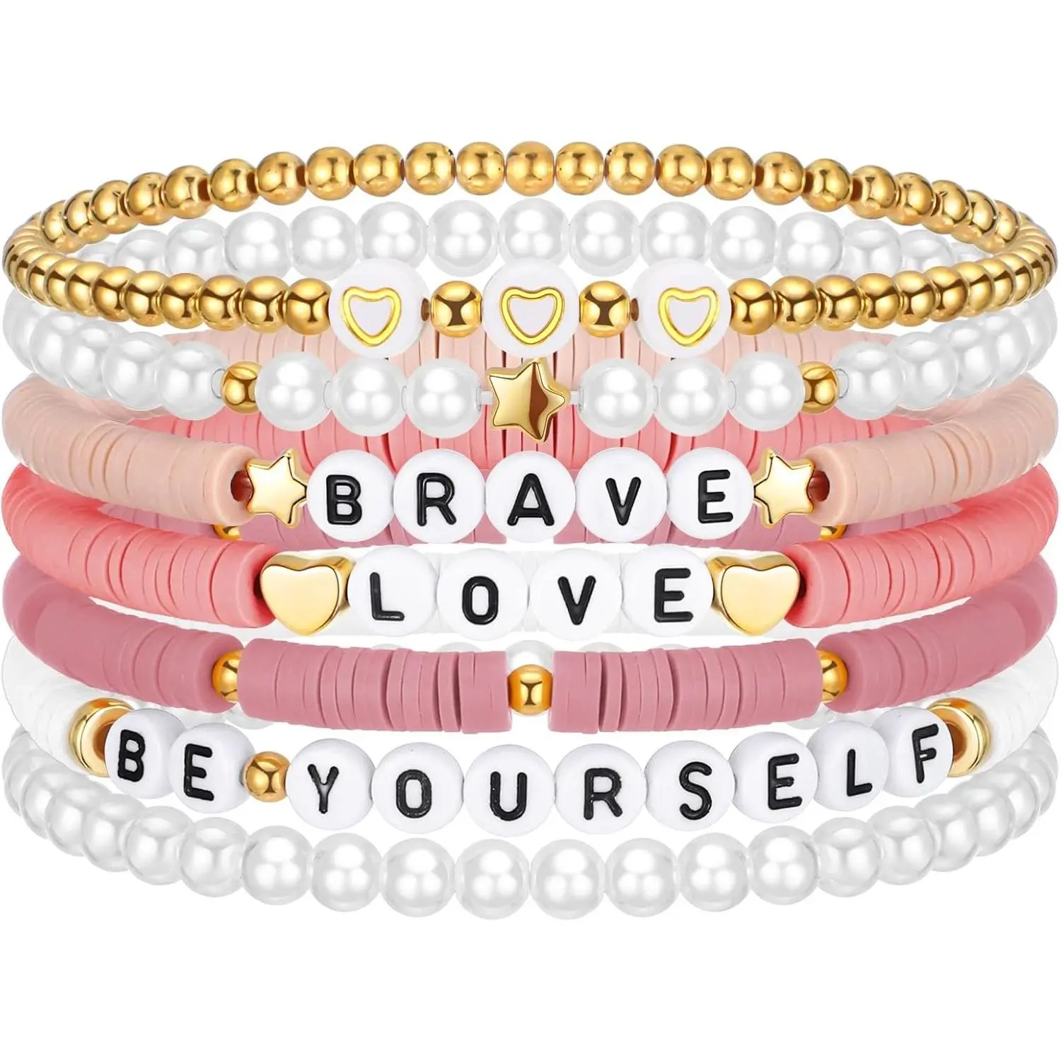 7 Pcs Preppy Clay Heishi Bead Bracelets for Women Teen Girls - Stackable Boho Y2K Surfer Friendship Jewelry, PinkGift