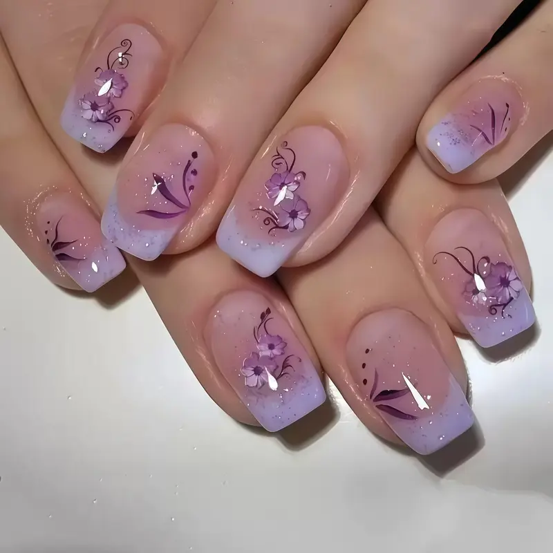 24pcs Floral Square Nail Tips, Elegant Lavender Gradient, Hand-Painted Flowers, Glitter French Edge, Reusable, Salon-Quality Manicure, Decorative Nails