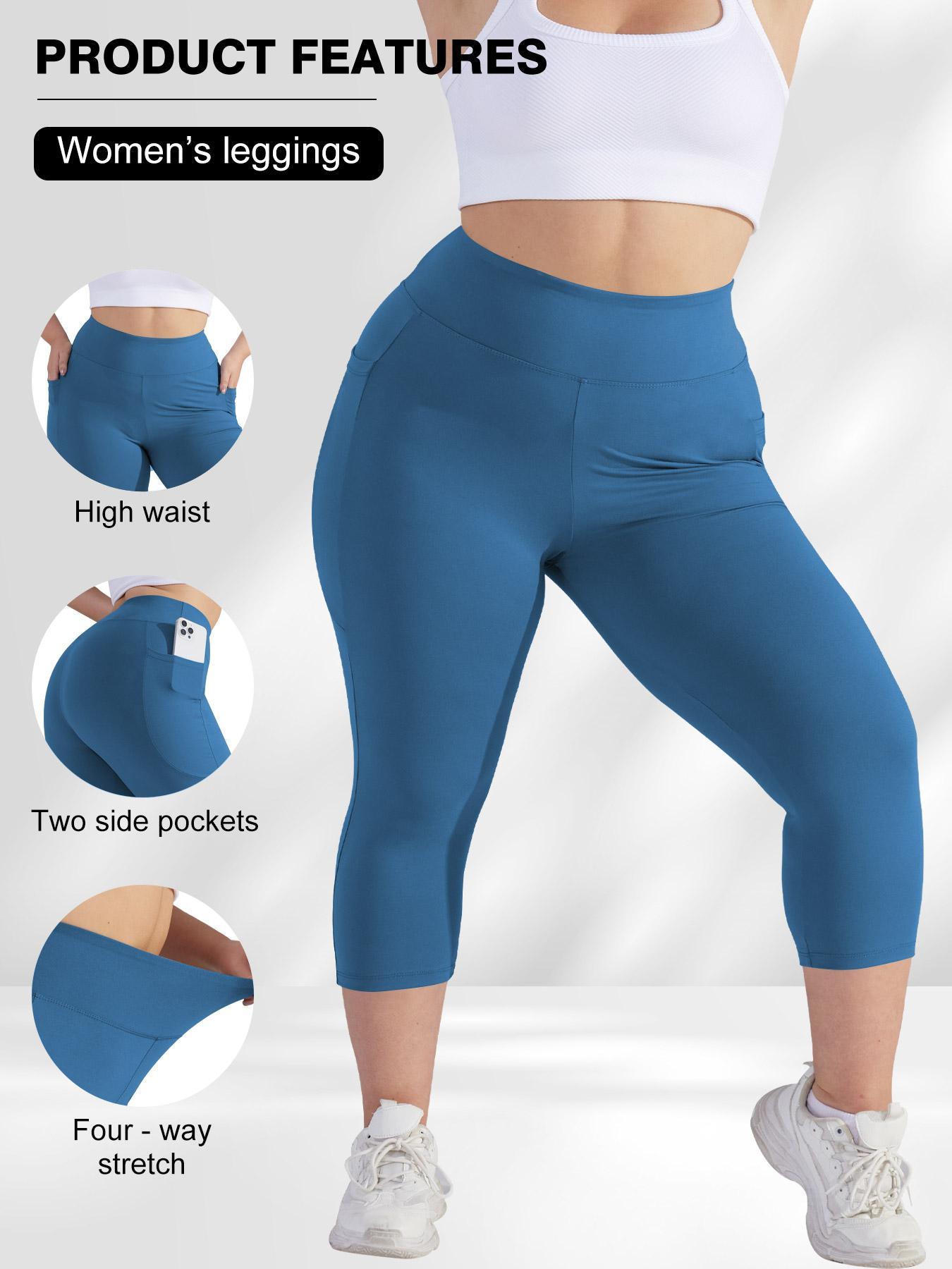 [Plus Size] Solid Color Pocket Skinny Capri Leggings, Casual Comfy Breathable High Waist Capri Leggings for Daily Wear, Women's Bottoms for Summer, Womenswear