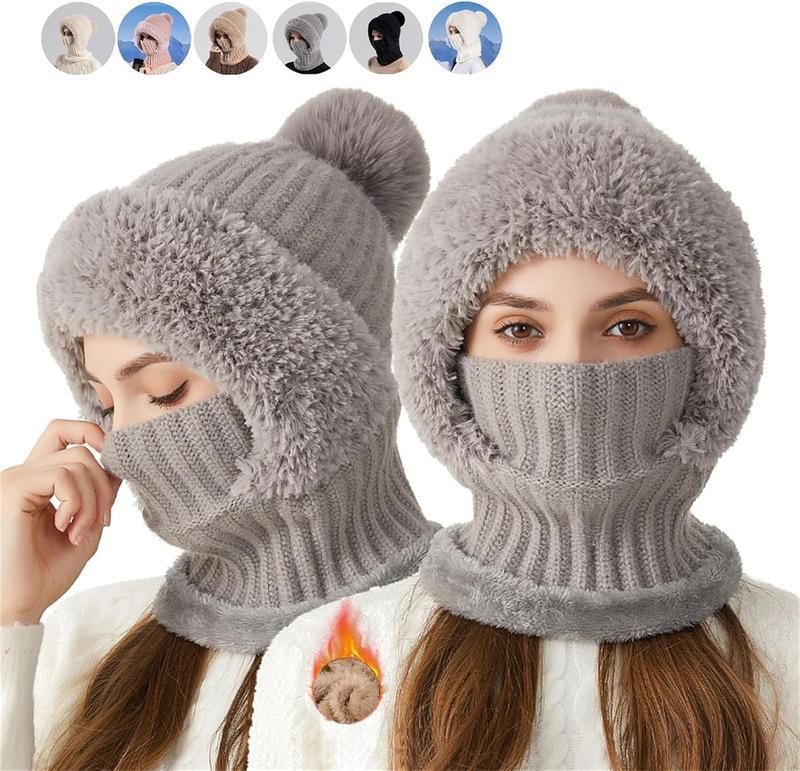 3 in 1 Cold Resistant Hat Autumn Winter, Women's Knitted Hat Scarf Mask, Wind-Resistant Scarf Hat Face Mask Hooded Scarf