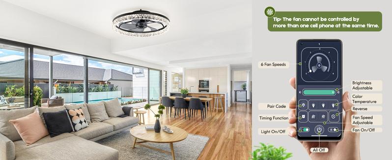 Ceiling Fans with Lights and Remote, 20'' Low Profile Ceiling Fans, 3000K-6500K Dimmable Modern Flush Mount LED Ceiling Fan, 6 Wind Speeds, Fandelier Ceiling Fan with Lights for Bedroom