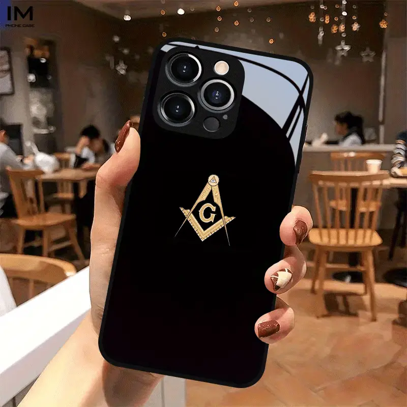 Masonic Mysterious Logo Decorative Tempered Glass Phone Case - High-End, Comfortable, Trendy 1-Piece Black Cover for iPhone 17 Air,16,15 Pro Max,14 Plus,13,12,11 - Protective Mobile Phone Accessory, Iphone 14 Plus, One-Piece