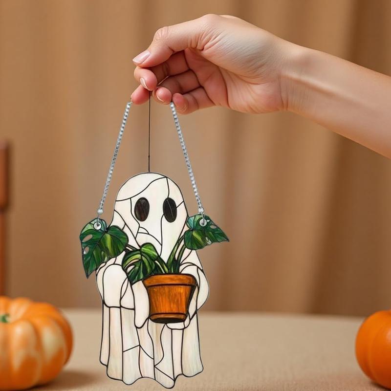 2PCS Cute Ghost Plant Suncatcher - Ghost and Monstera Acrylic Ornament, Perfect Halloween Hanging Decor, Ideal Gift for Plant Lovers and Moms 2PCS Cute Ghost Plant Suncatcher - Ghost and Monstera Acrylic Ornament, Perfect Halloween Hanging Decor, Ideal Gift for Plant Lovers and Moms