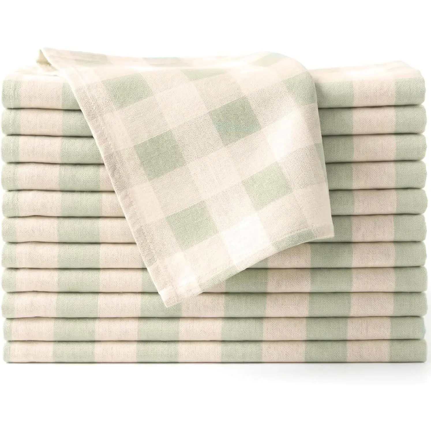 Cloth Napkins Set of 12, 100% Cotton Reusable Gingham Printed Dinner Napkins, 18x18 Inch Washable Table & Kitchen Napkins for Home, Dining, Entertaining, Green & Cream