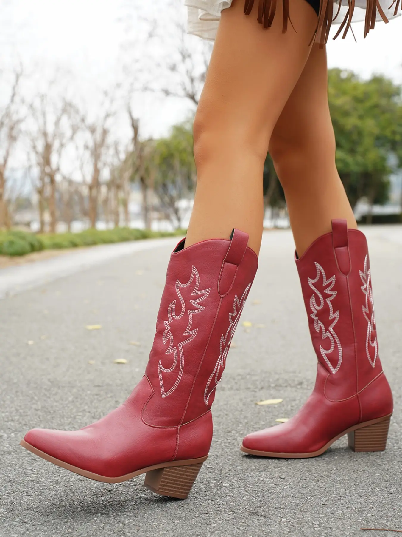 American Vintage Symmetrical Fern Embroidered Tall Boots, Women's Pointed Toe Heel, PU Leather, Rubber Sole, All Seasons