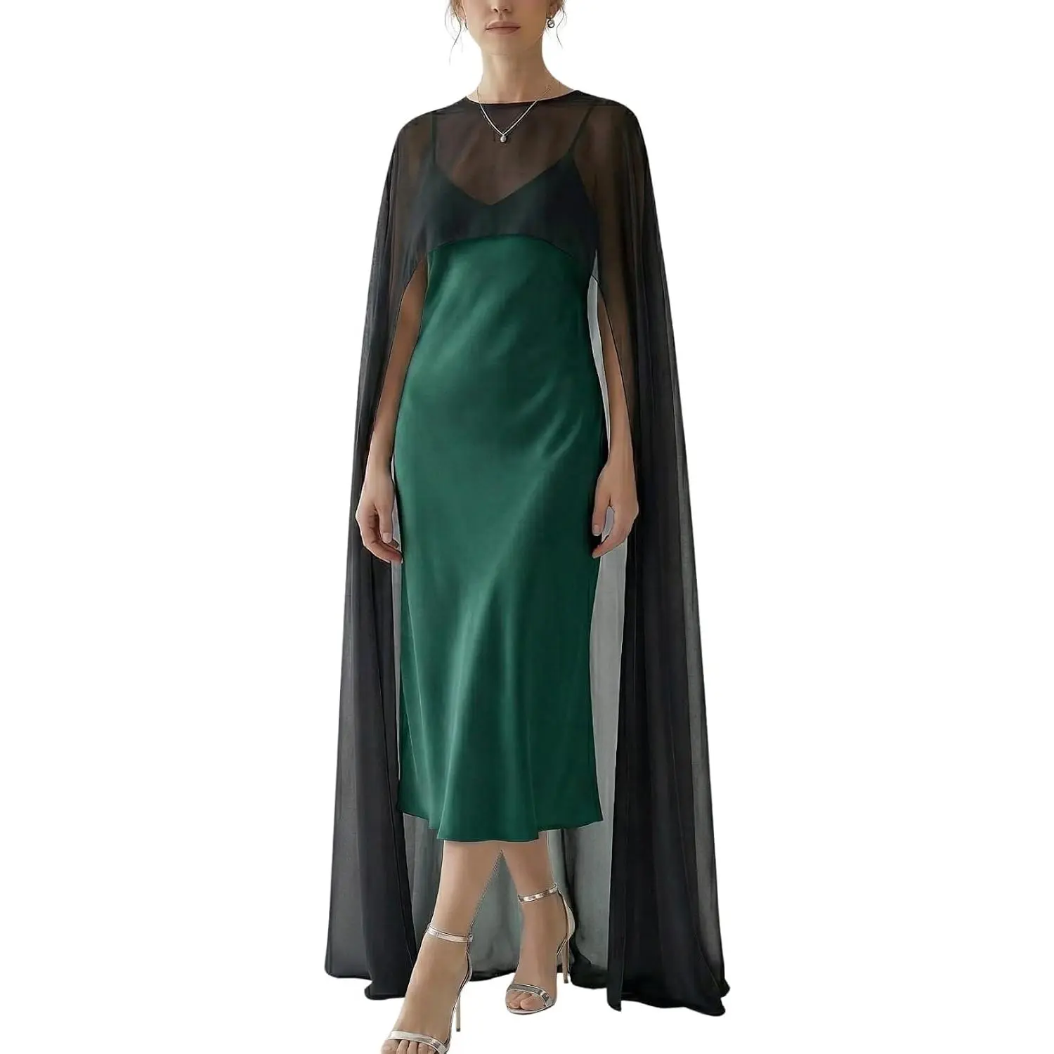 Women Chiffon Cape Sheer Long Shawl High-Low Capelet for Evening Dress Cover Up