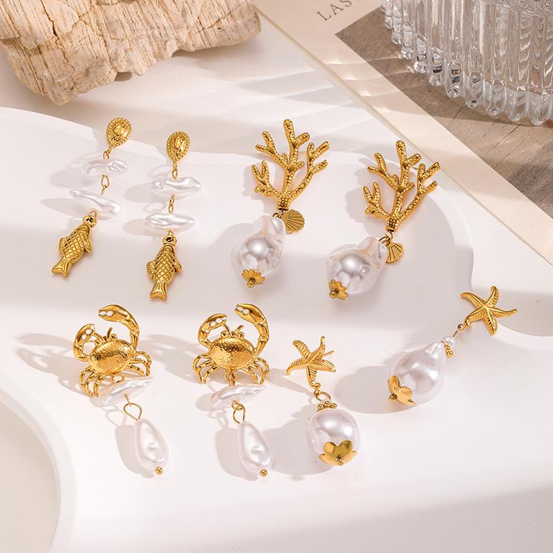 Ocean Series Earrings for Women, Creative Crab, Starfish, Scallop, Pearl Earrings, Light Luxury Earrings, Stainless Steel Earrings, Resistant to Fading