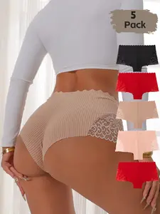 Women's Striped Plain Mid-Waist Briefs, Sweet Lace Breathable Safety Shorts, Casual Fitted Underwear for All Seasons, 5 Pack