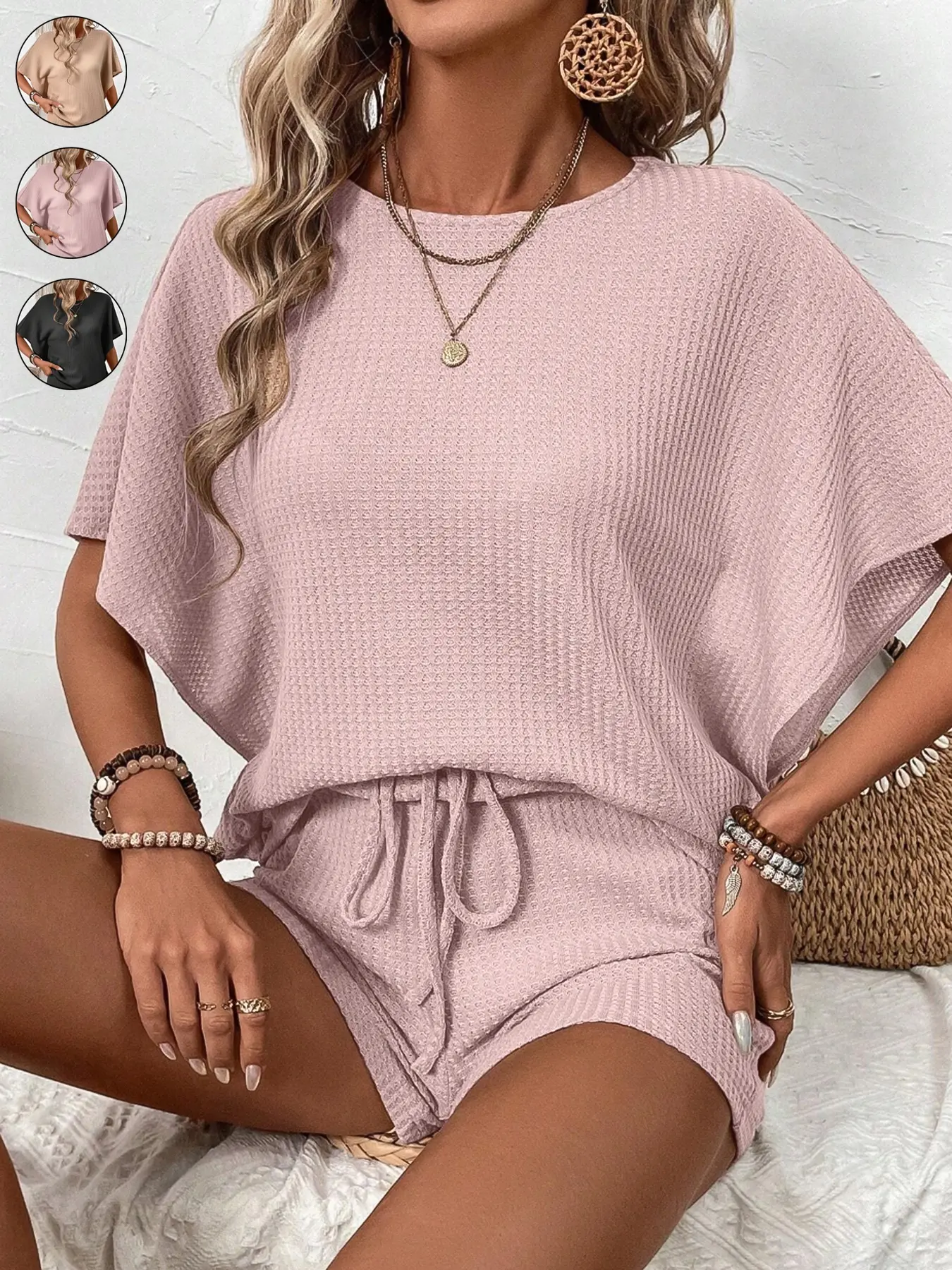 2pcs/Set Women's Casual Solid Color Waffle Batwing Sleeve Loose Fit Top and Shorts Set,Holiday Leisure Two-Piece Set， Comfortable and Stylish for Daily Wear, Perfect for Relaxing Days, Everyday