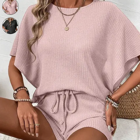 Women's 2-Piece Casual Solid Color Set, Waffle Batwing Sleeve Loose Top and Shorts, Holiday Leisure Two-Piece Set, Comfortable and Stylish for Wear, Shorts Set Loungewear