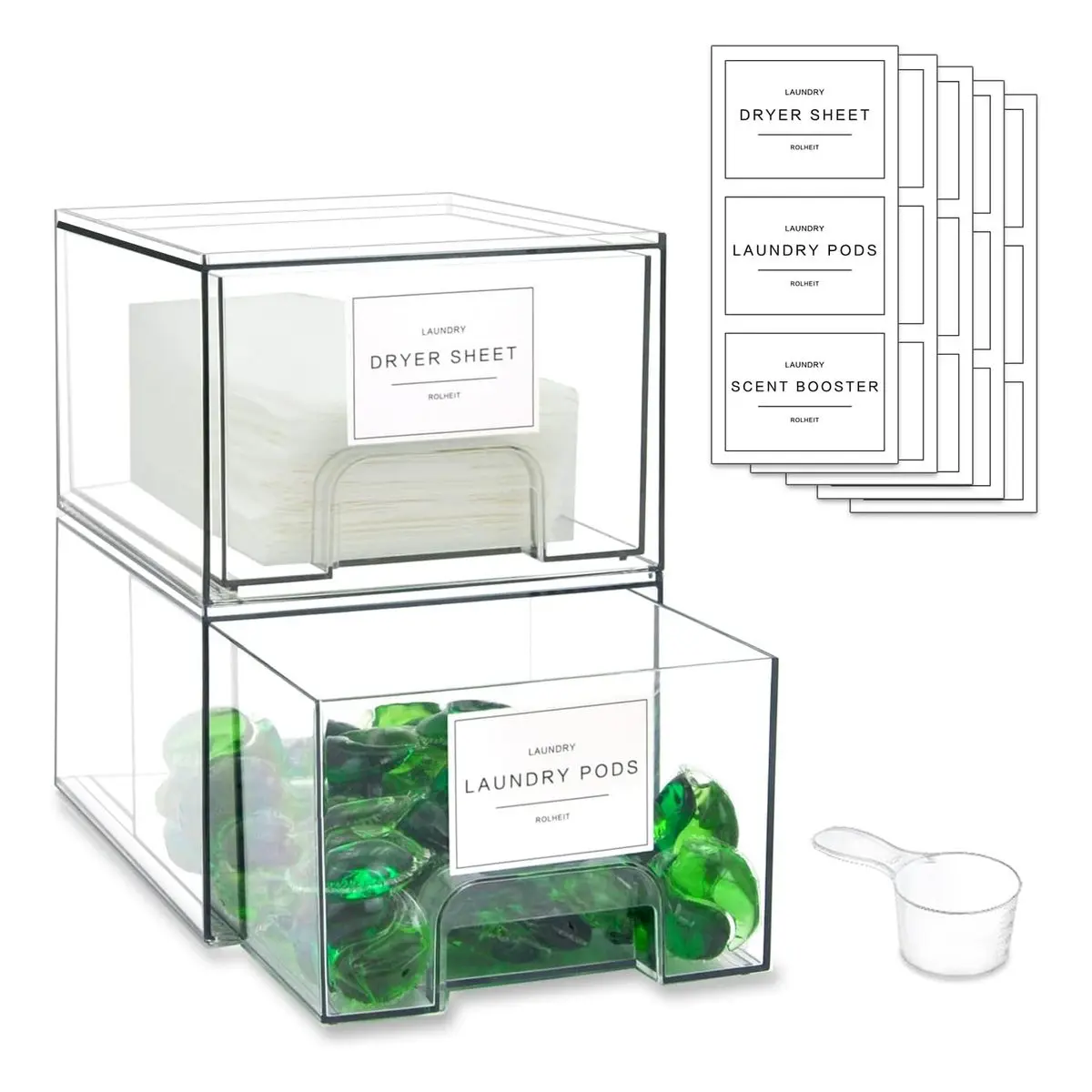 2 Pack Clear Stackable Laundry Storage Drawers with Labels, Dryer Sheet Holder and Pod Containers, Detergent Dispenser for Laundry Room Organizing and Decor