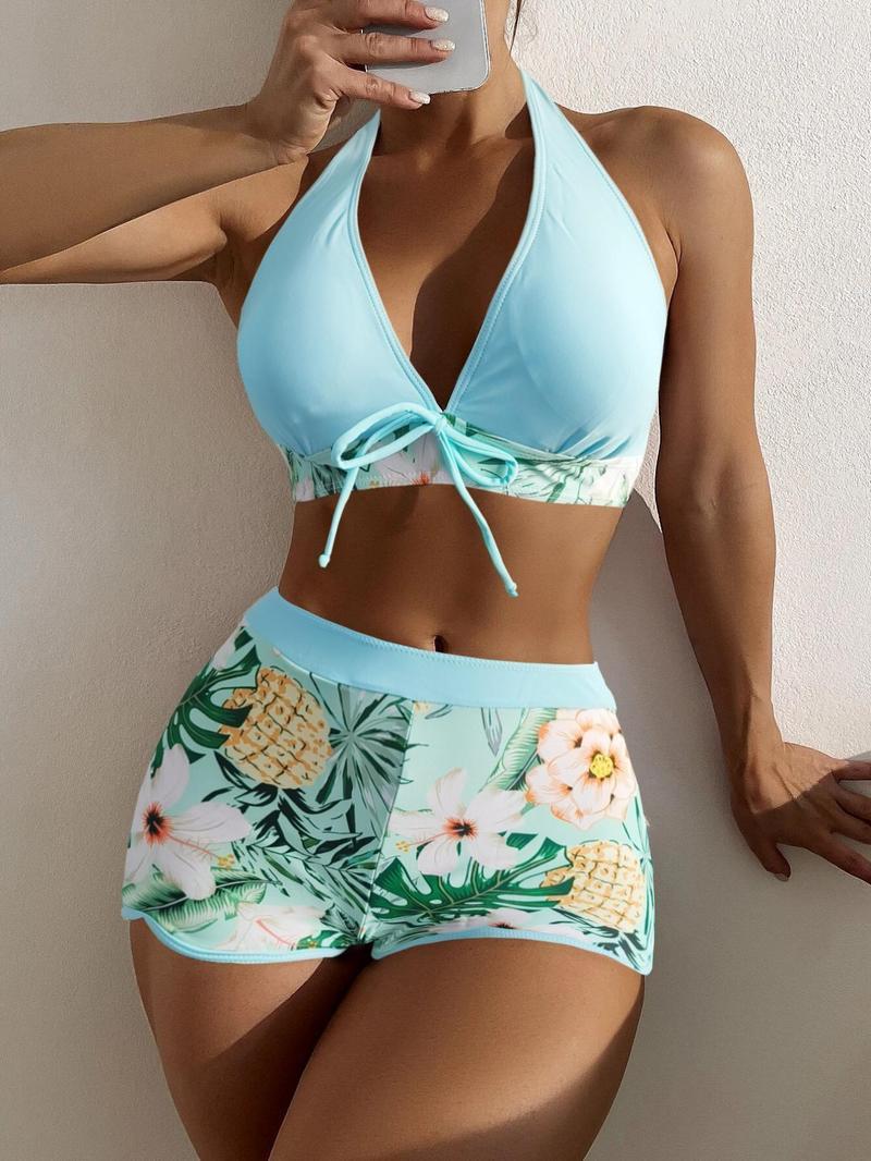 Two-Piece Set Women's Tropical Print Tie Front Halter Tankini Set, Casual Sleeveless Swim Top & Swim Shorts for Summer Beach Holiday Vacation, Summer Outfits 2024, Tankini Bathing Suits