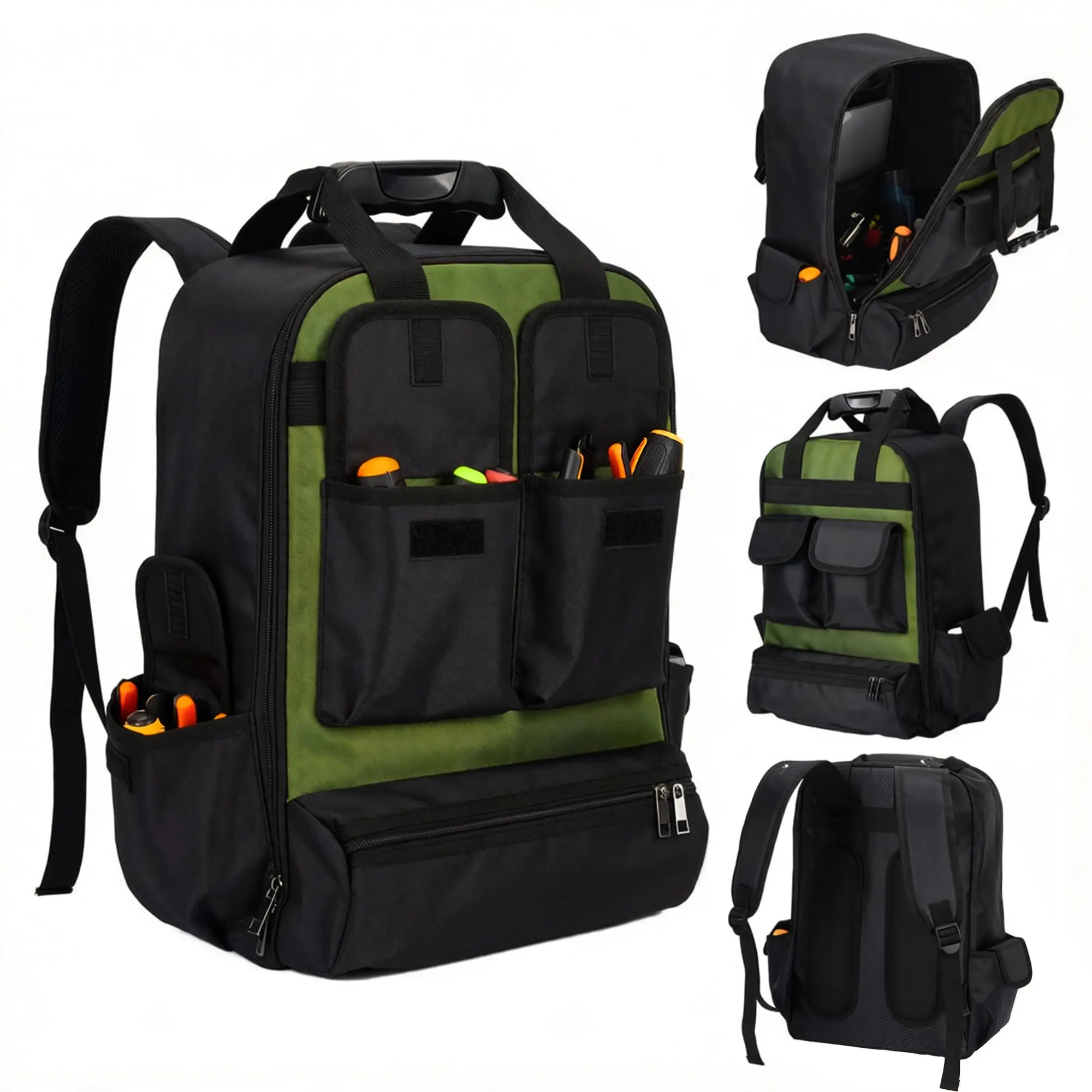 18 In Heavy-Duty Tool Backpack Organizer, Multi-Pocket Tool Bag with Shoulder Straps, Ideal for Electricians, Contractors, Black and Green
