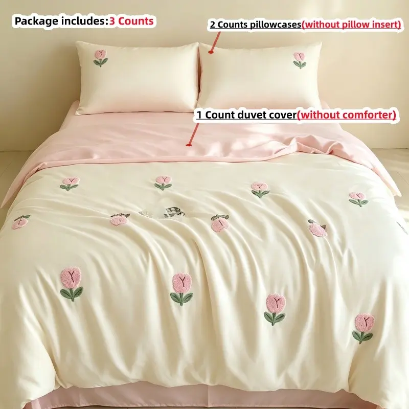3pcs Embroidered Floral cute Bedding Set, 1 Duvet Cover + 2 Pillowcases, without any filling,for Single Twin Double Queen king Size bed, All Seasons