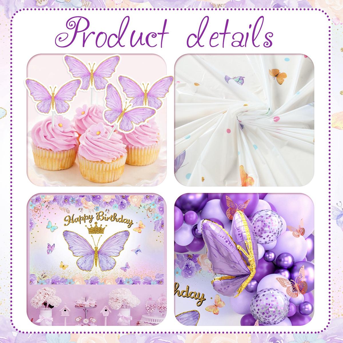 Butterfly Pink/Purple Balloon Tablecloth Backdrop Set,94pcs Pink Butterfly Latex Balloon Girls Birthday Party Decoration,Happy Birthday  Balloon Arch Kit