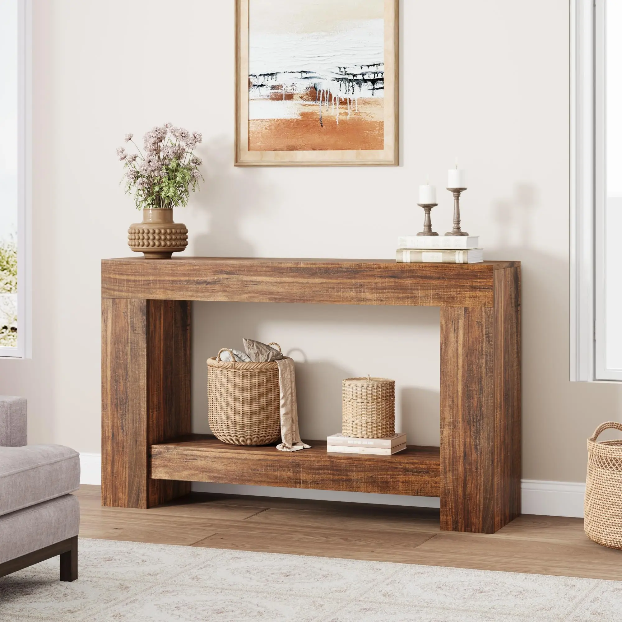 Console , Farmhouse 2-Tier  , Narrow Console  for Hallway, Long Sofa  Behind Couch with Heavy-Duty Stable Base, 2-Tier Rustic Wood Accent  for Entry Way, Living Room, Foyer entryway table