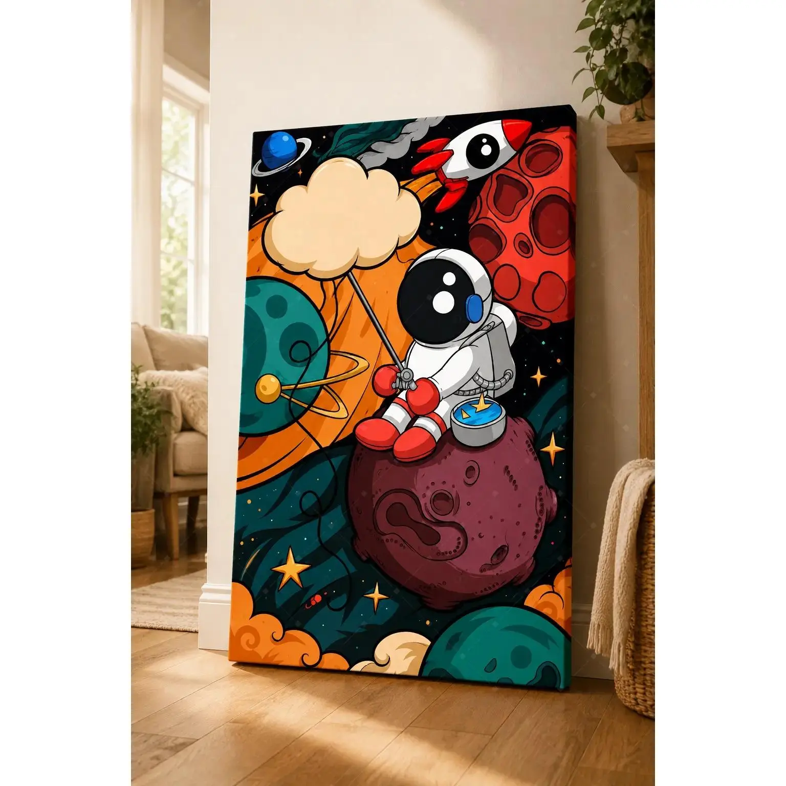 Cute Astronaut Space Adventure Glossy Canvas Poster - Artistic Hanging Wall Decor with Clouds, Stars, Colorful Planets, Rocket, Cotton Candy - Whimsical Cartoon Art for Kids Room, Nursery