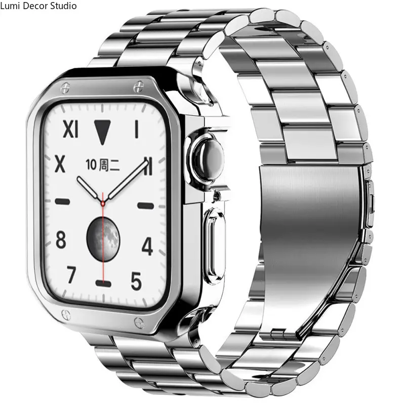 TPU Watch Case with Stainless Steel Folding Buckle Three Beads Watch Band Scratch Resistant Shockproof Lightweight Comfortable Replacement Watch Strap for Smart Watch Daily Wear