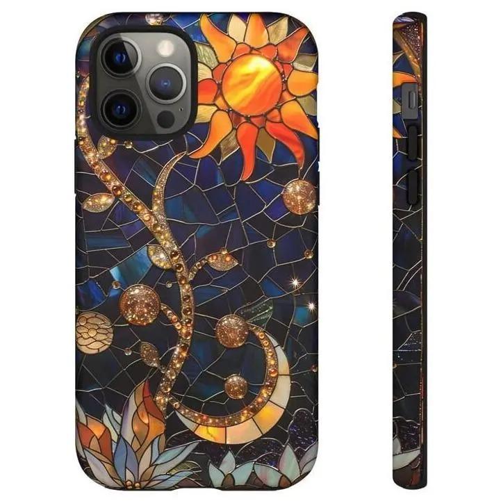 Stained Glass Sun Moon Tough Phone Case for iPhone 17, 16, 15 Pro Max, 14, 13, 12 - Celestial Aesthetic Gift