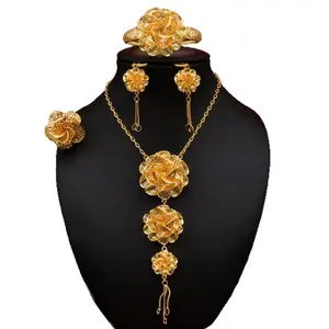 Women's 4Pcs 24K Gold Plated Filigree Flower Leaf Tassel Jewelry Set - Necklace, Dangle Earrings, Bracelet, Ring - Bridal Wedding Gift, African Statement Costume Jewelry