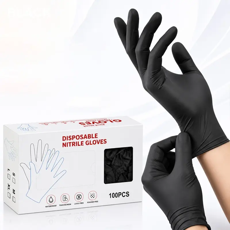 Black disposable nitrile gloves, waterproof, latex-free and touchscreen-ready. Ideal for cleaning blinds and balconies, organizing storage, changing vacuum filters, sorting old items, wiping shelves, craft dyeing and everyday household cleaning.