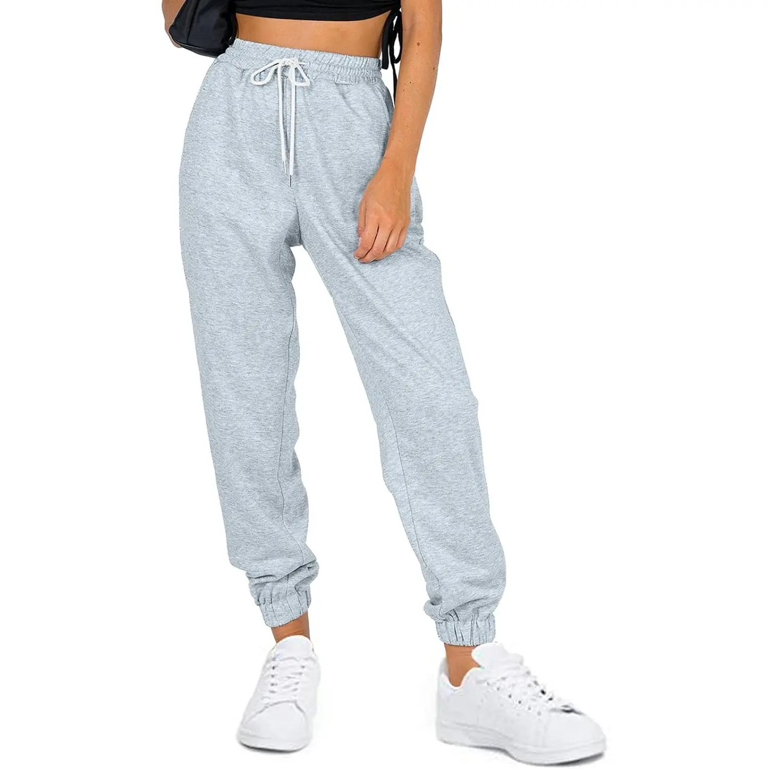 Women's Athletic Joggers with Pockets, Cotton Blend Cinch Bottom Sweatpants with Adjustable Elastic Waist for Lounging, Workout, Athletic Pants, Cinch Cuffs, Sporty Chic, Cold Wash, Drawstring, Polyester-Cotton