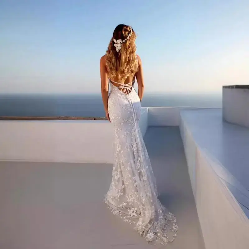 summer V-neck white midi dress lace corset wedding dress Formal Womenswear