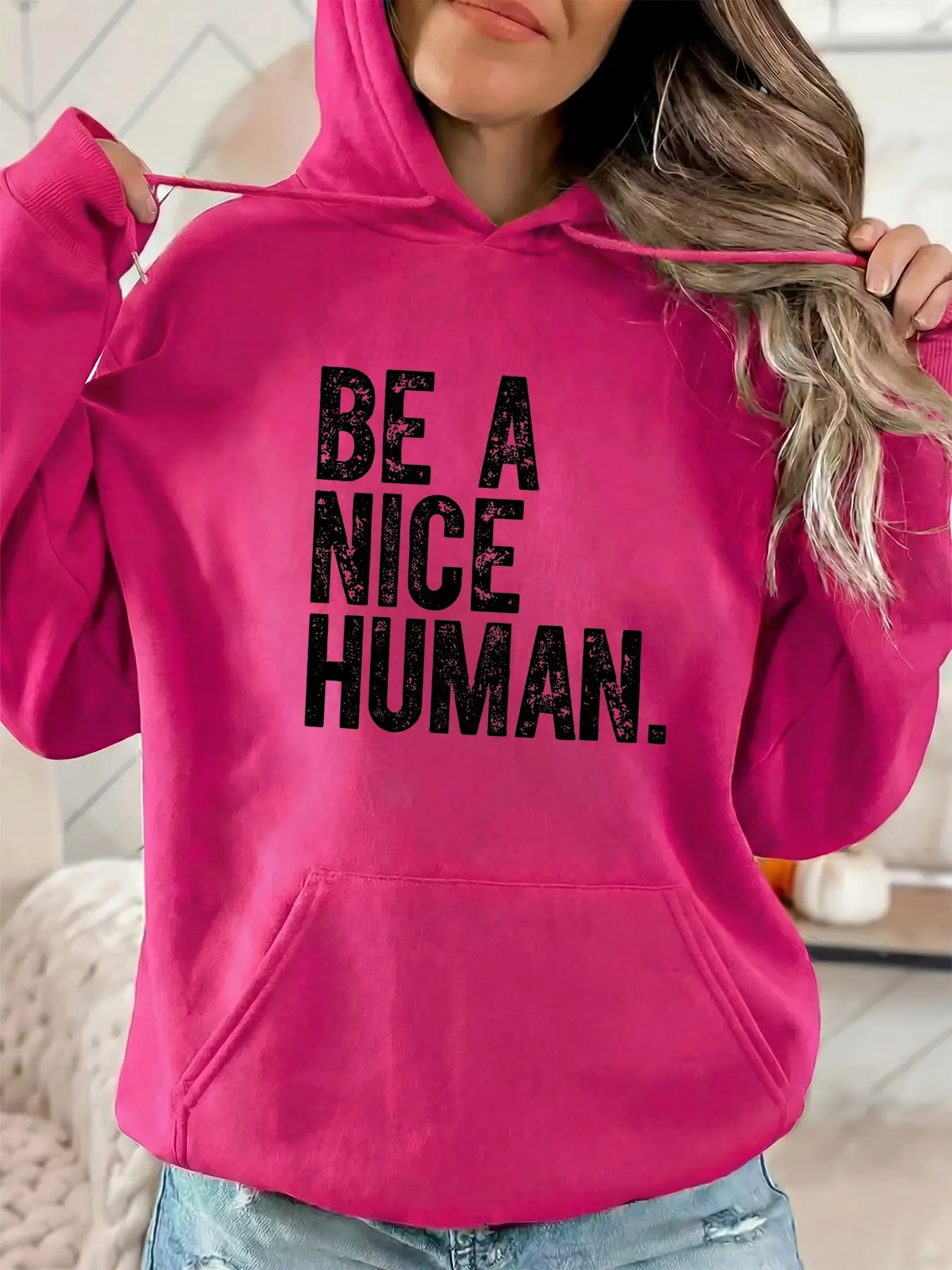 Women's fashionable hooded sweatshirt with BE A NICE HUMAN letter print and patterned design. Drawstring kangaroo pocket. Fall and winter casual sportswear sweatshirt. Suitable for casual parties and sport outfits.