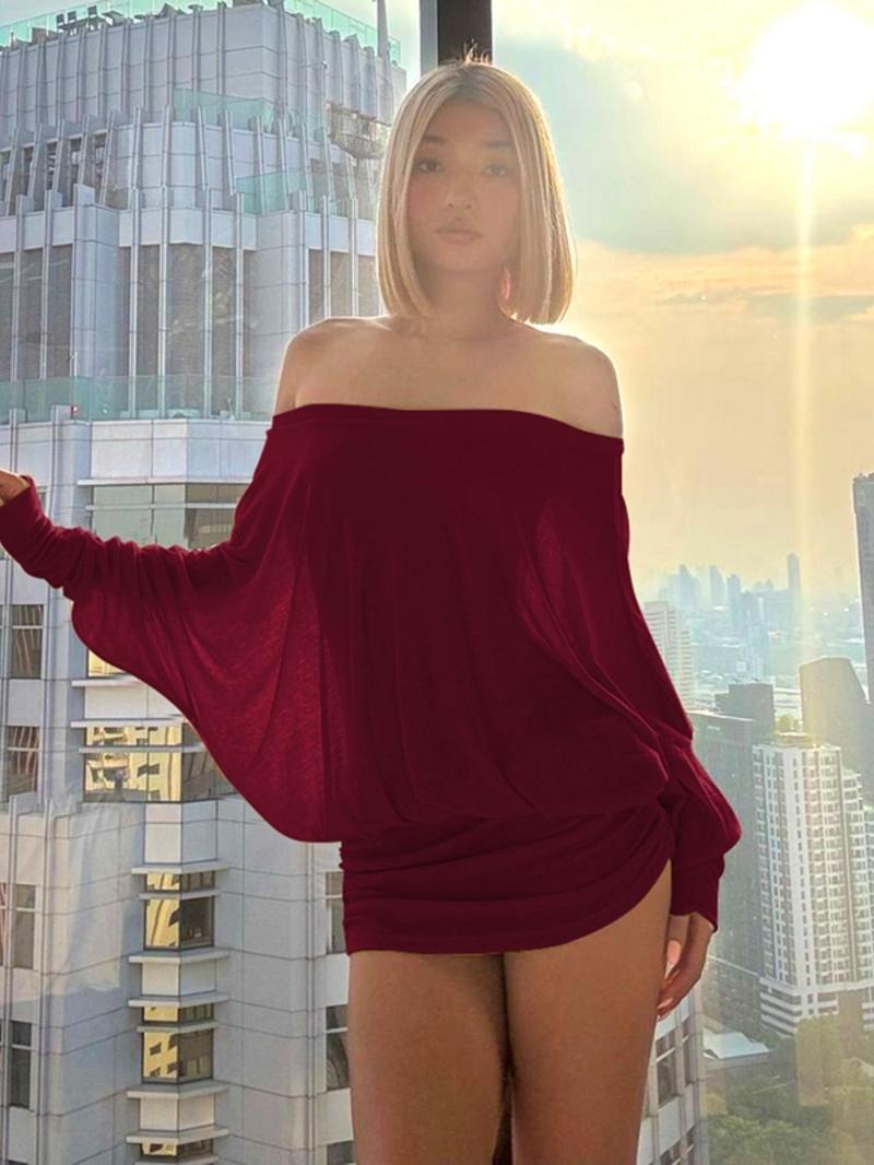 Women's Solid Off-The-Shoulder Long Sleeve Dress, Fashion Casual Sheer Dress for Party Club Dating Wear, Women's Dress for Spring & Fall