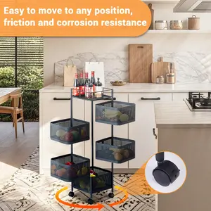 5-Tier Metal Mesh Kitchen Storage Cart, No Assembly Required Mobile Pantry Organizer with Rotating Baskets and Waterproof Top Lid, Heavy Duty Durable Rolling Utility Cart, Space-Saving Design for Fruit, Vegetable & Snack Home Storage