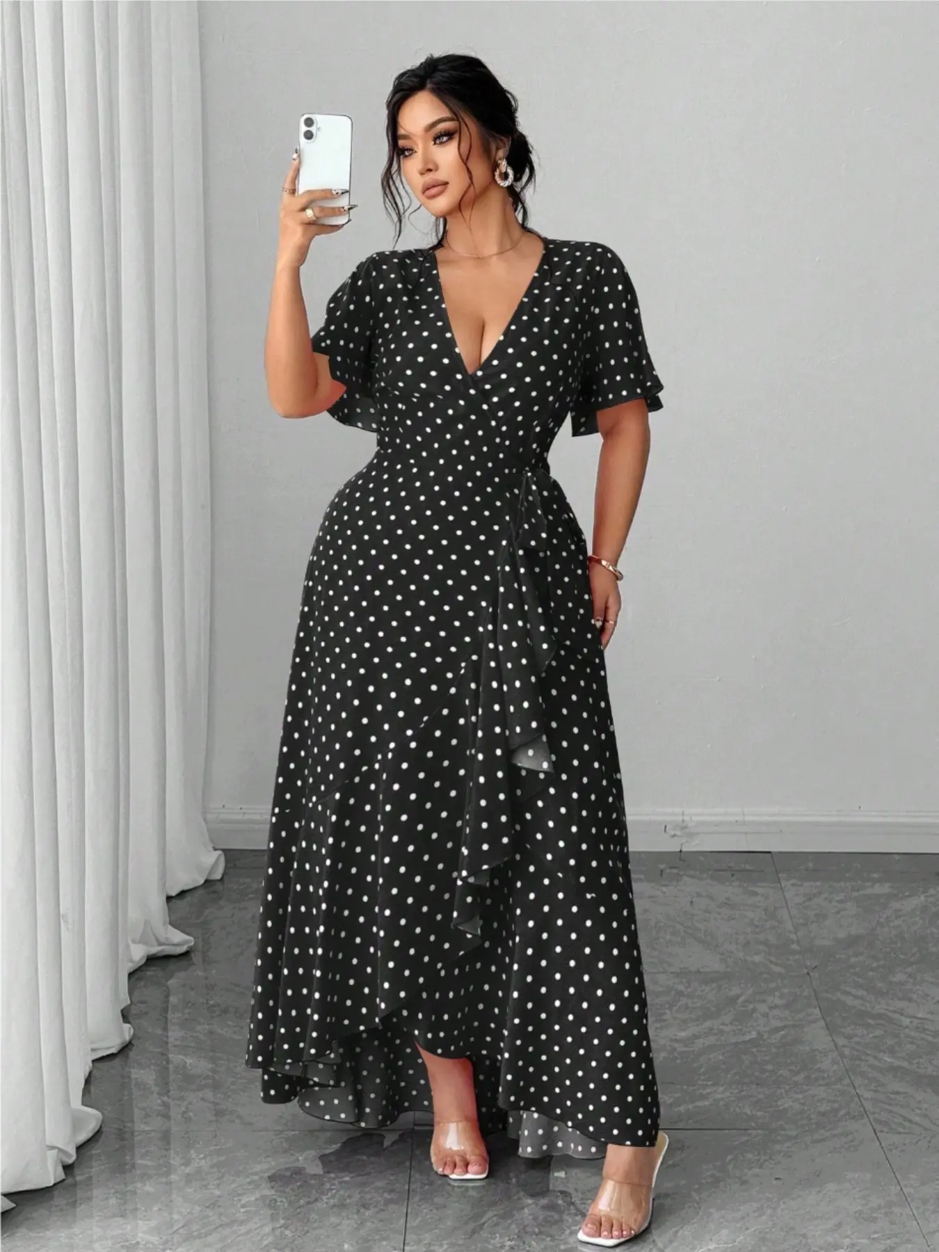 Plus Size Polka Dot Wrap Dress, Adjustable Tie Waist, Ruffled Hem, Side Slit, Chic, Elegant and Comfortable, Perfect for Casual Wear