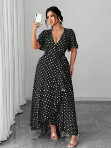 Plus Size Polka Dot Wrap Dress, Adjustable Tie Waist, Ruffled Hem, Side Slit, Elegant and Comfortable, Perfect for Casual Wear