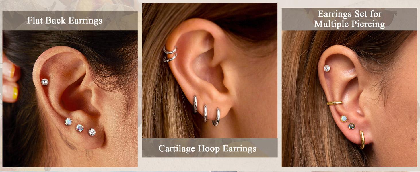 Trendy  Surgical Steel Earrings for Sensitive Ears Hypoallergenic 20G Stainless Steel Stud Hoop Earrings for Women Men Small Opal Ball CZ Surgical Steel Flat Back Earrings Cartilage Earrings Hoop Stud